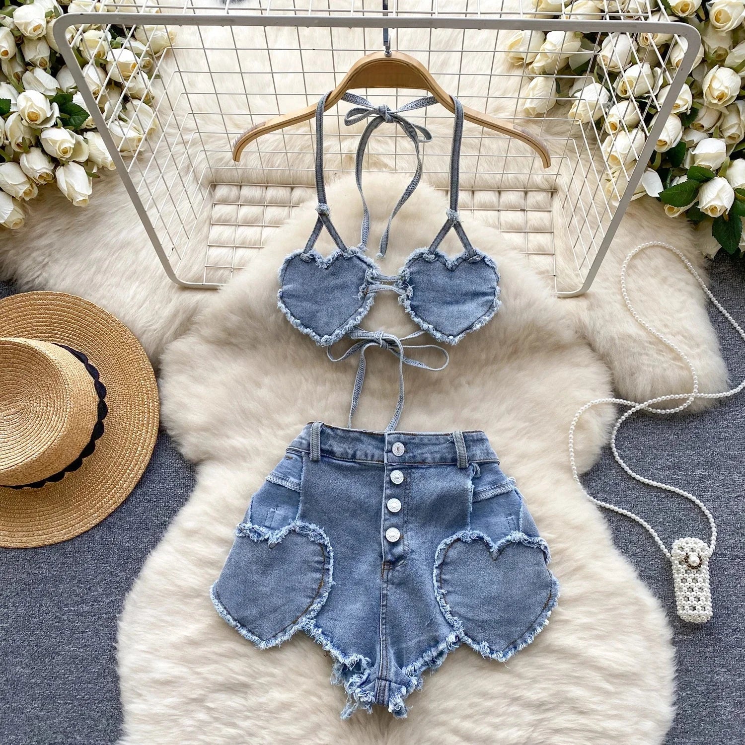 Blue Halter Sleeveless Backless Bikini Top with Buttoned Denim Shorts Sexy Vintage Beachwear Set