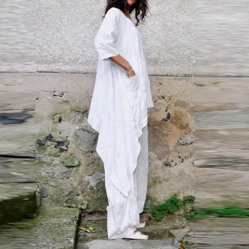 Casual Loose Cotton Linen Top with Irregular Hem and Elegant Loose Leg Pants Two Piece Set