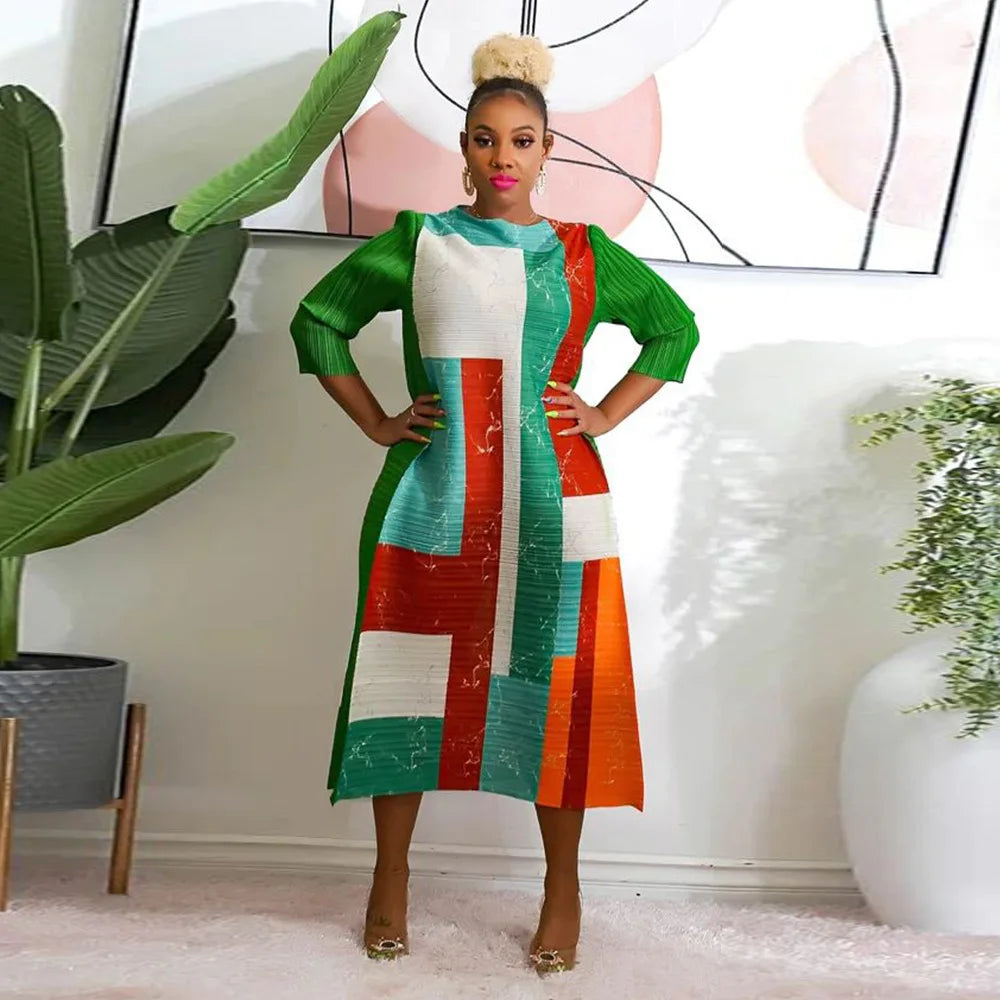 Leaf Print Pleated Boho Maxi Dress for Women Casual Beach