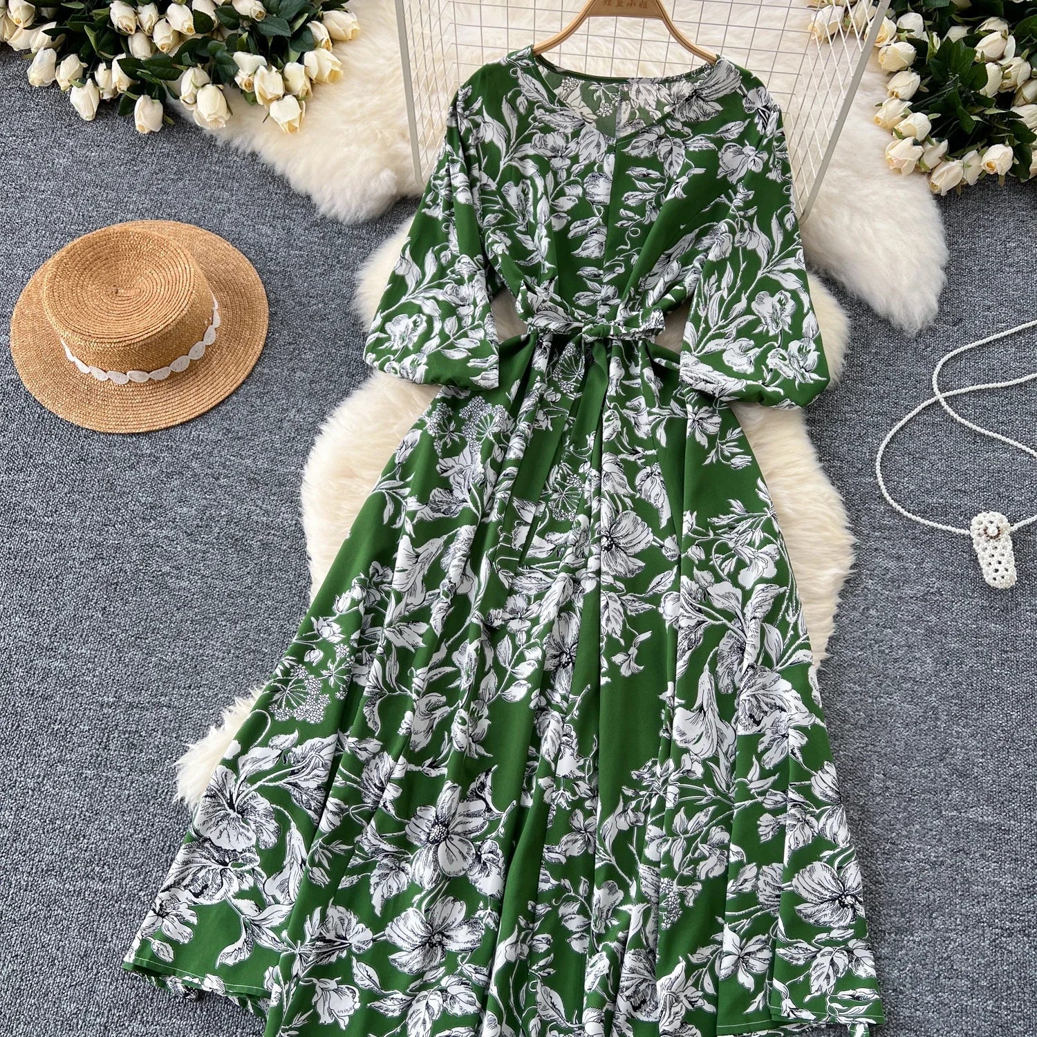 Boho Floral Print Pleated Maxi Dress With Puff Sleeves Belt
