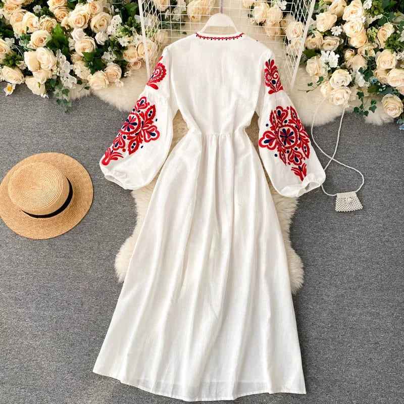Bohemian Embroidered Floral Dress With Lantern Sleeve