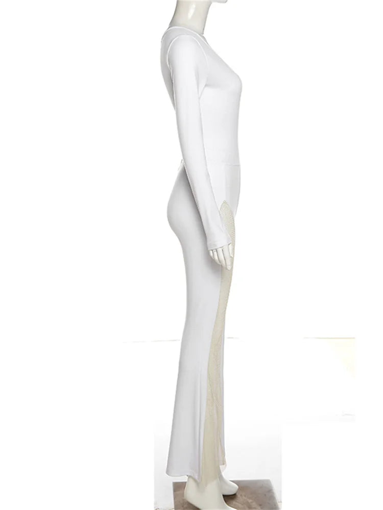 Mesh Patchwork One Sleeve Jumpsuit for Women Hipster Incline Shoulder Sheath Flare Overalls Autumn Streetwear