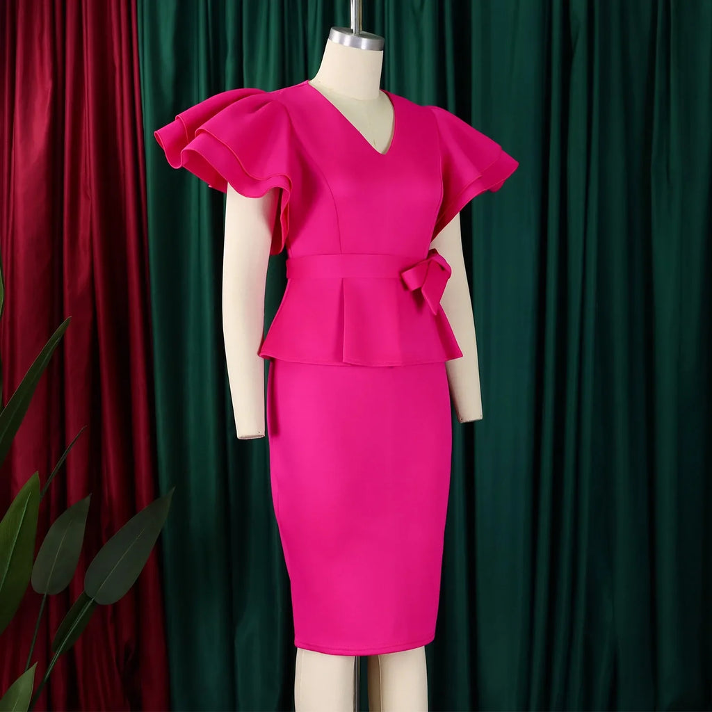 V Neck Bodycon Midi Dress With Ruffle Sleeves For Women