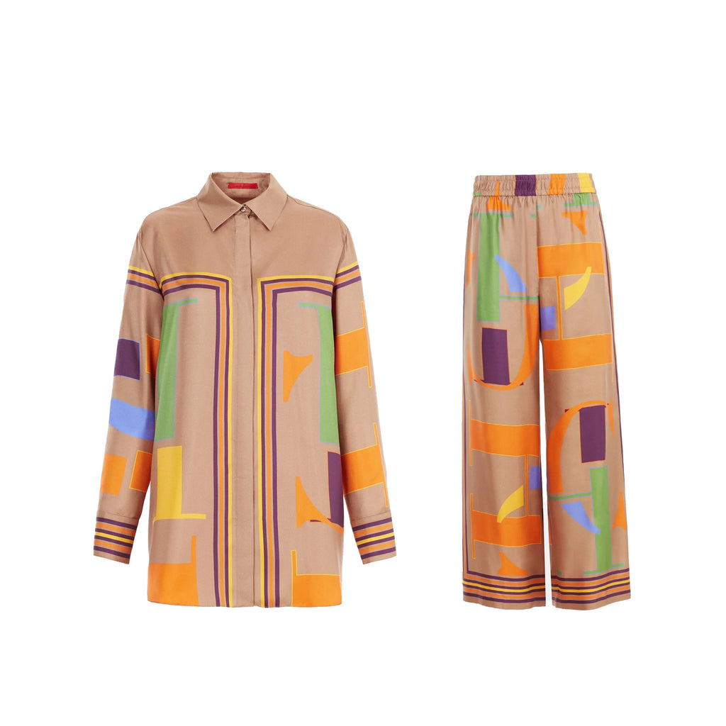 Loose Geometry Print Satin Two-Piece Set for Women with Wide Leg Trousers and Casual Tops