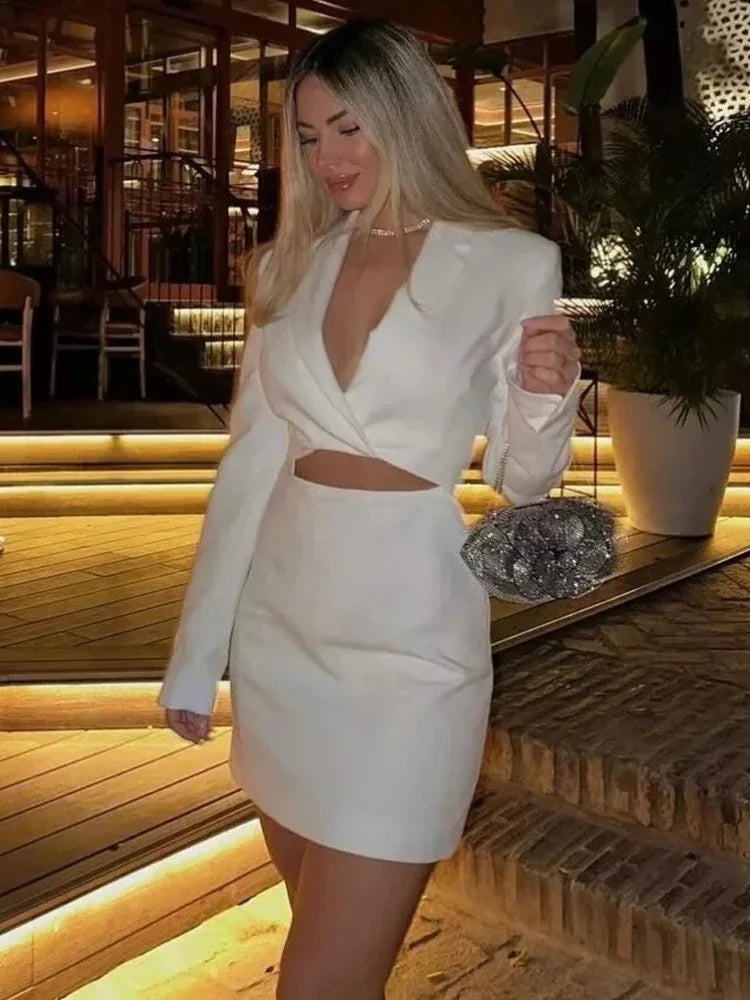 Hollow Out Mini Dress With Lapel Hidden Zipper High Waist