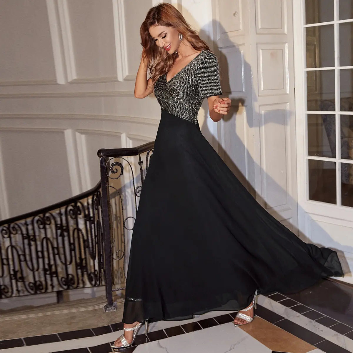 Black V Neck Sequin Crossover Maxi Dress For Evening