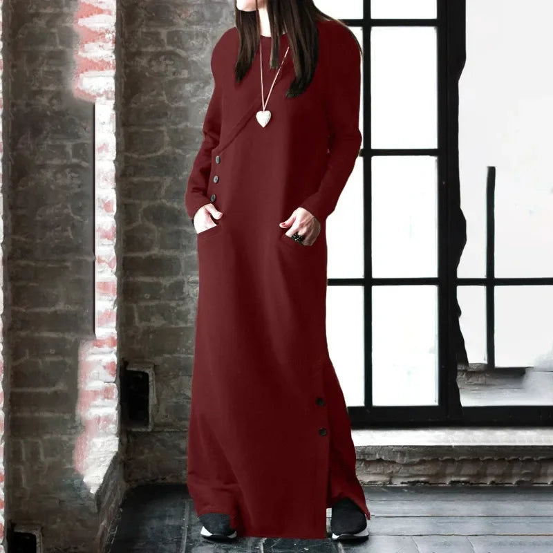 Women Winter Warm Maxi Dress With Fleece Lining Long Sleeve