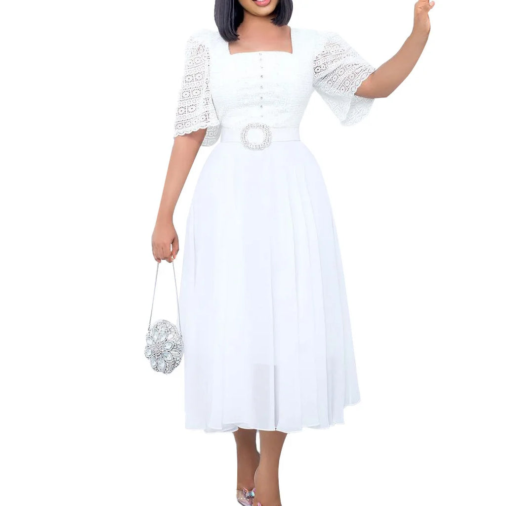 Square Neck Lace Dress Belt A Line Flare Sleeve Mid Calf