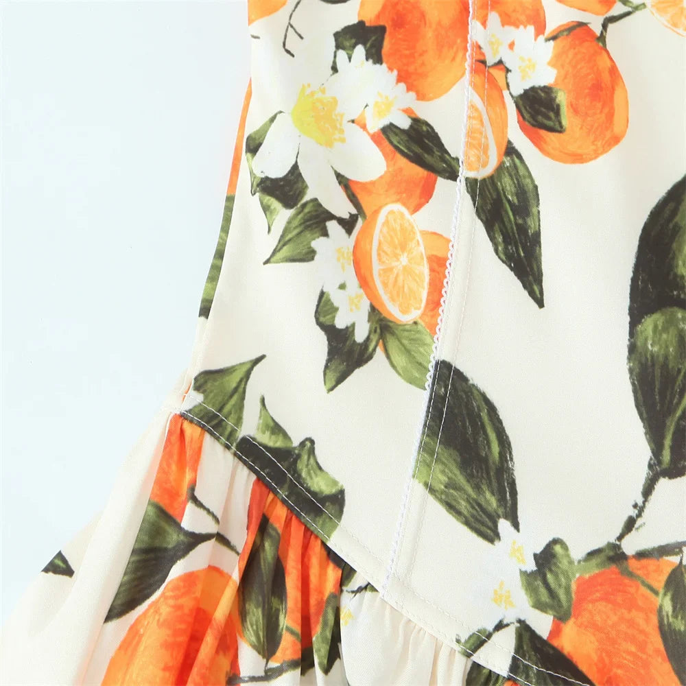 White Sleeveless Cross Back Dress With Orange Fruit Print
