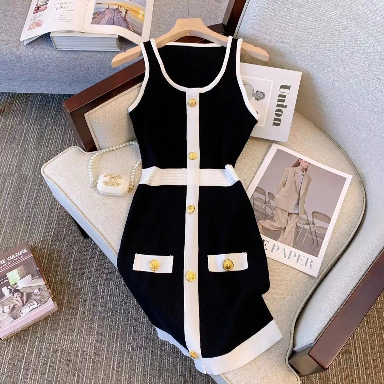 Women Knit Dress Sleeveless High Waist O Neck Mini Summer