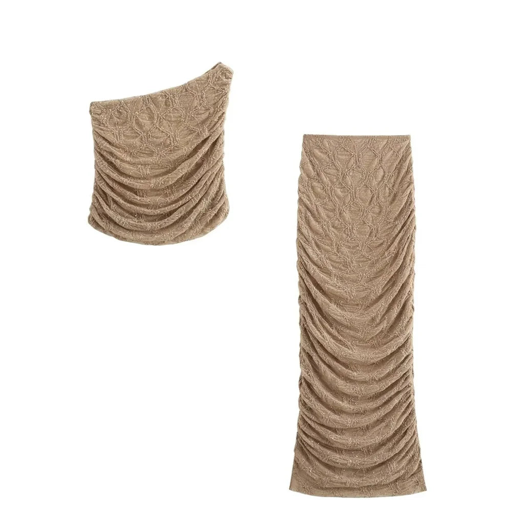 Bright Lace Shoulder Top and High Waist Midi Skirt Set for Women Casual Fashion Summer Outfit