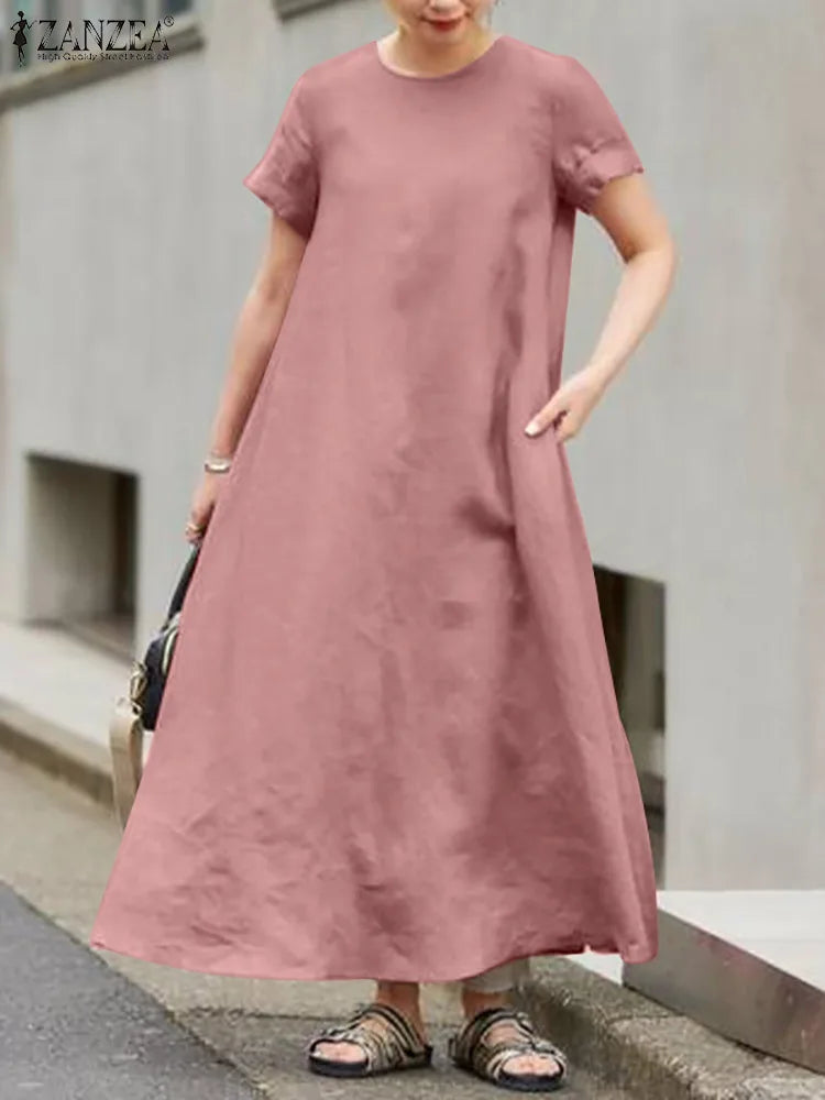 Summer Maxi Dress Women O Neck Short Sleeve Sundress A Line