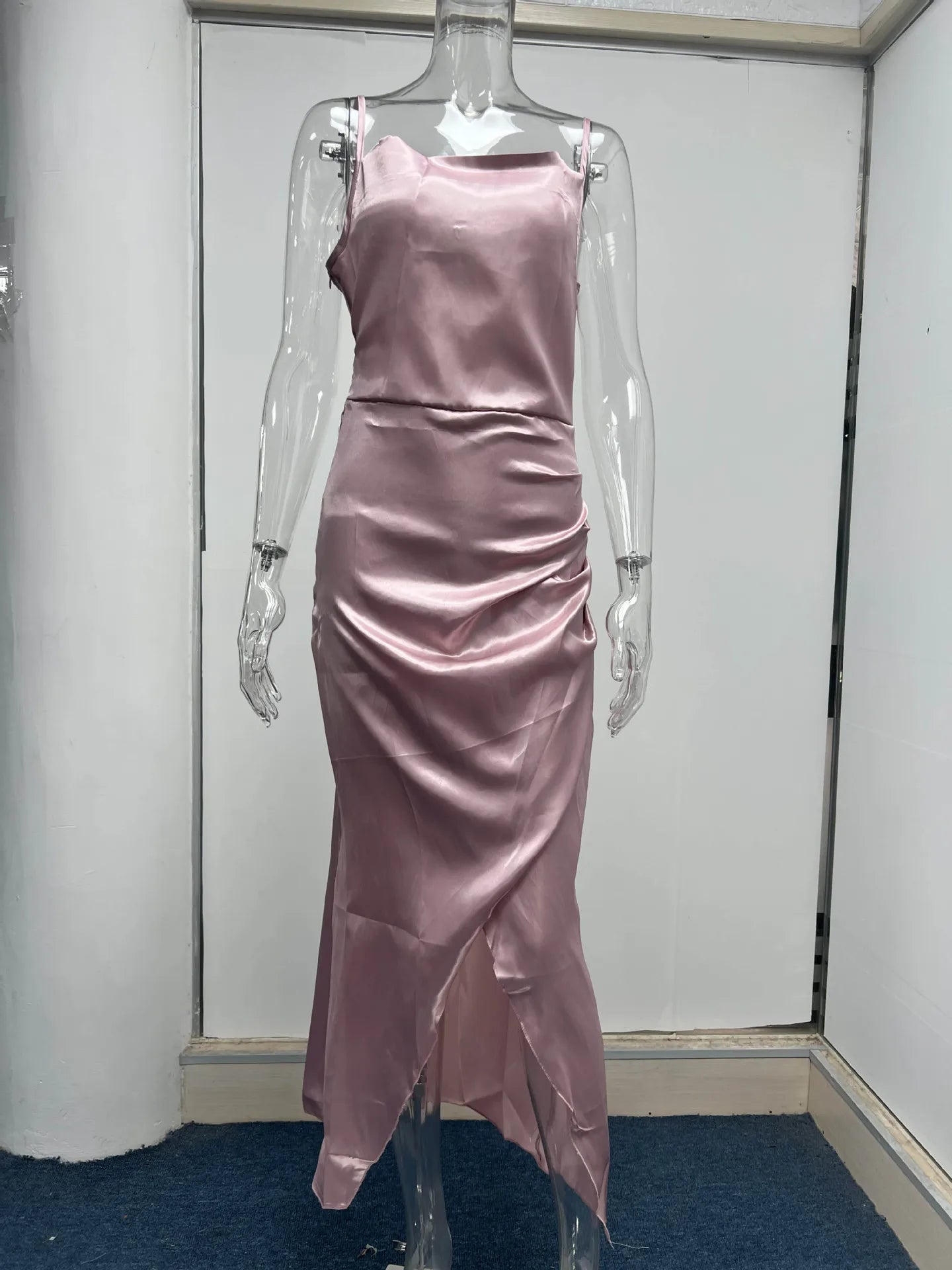 Elegant Satin Strap Dress With Back Split For Spring