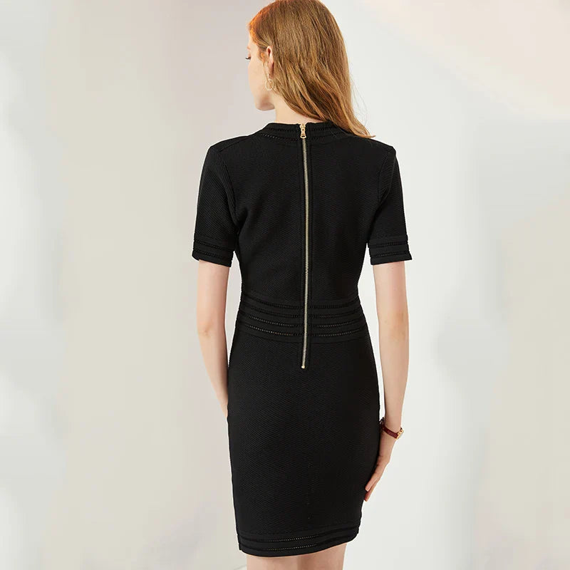 V Neck Knit Short Sleeve Black Sheath Dress With Elastic