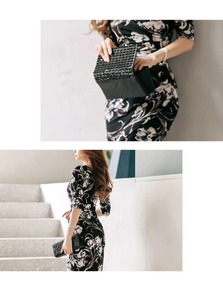V-Neck Pencil Dress for Women Vintage Print Office Wear