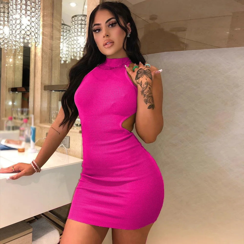 High Neck Hollow Cutout Dress With Back and Bust Details