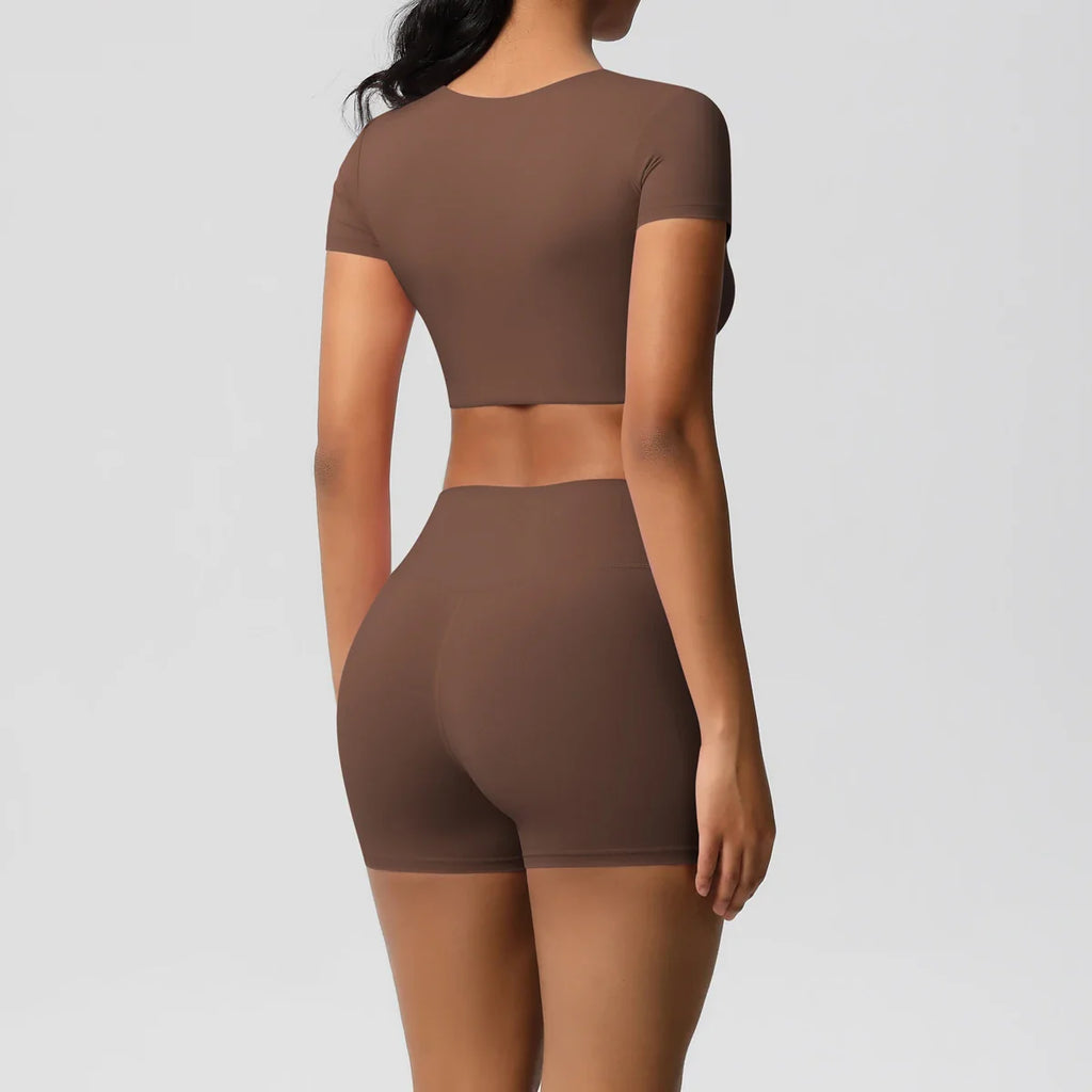 2PCS Women's Fitness Yoga Set High Waist Shorts with Short Sleeve Gym Top Seamless Sportswear Tracksuit for Activewear