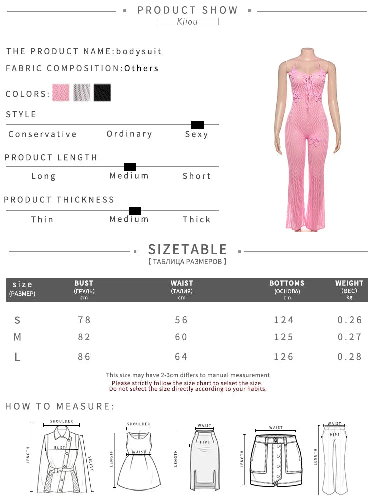 Knitted Floral Women Jumpsuit Sexy Pleated Halter Neck Bandage Low Back Skinny Overalls Trendy Solid Streetwear