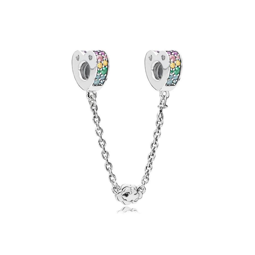 DIY Love Heart Family Safety Chain Bracelet with 925 Silver Star Clip Bead and Flower Charm Gift