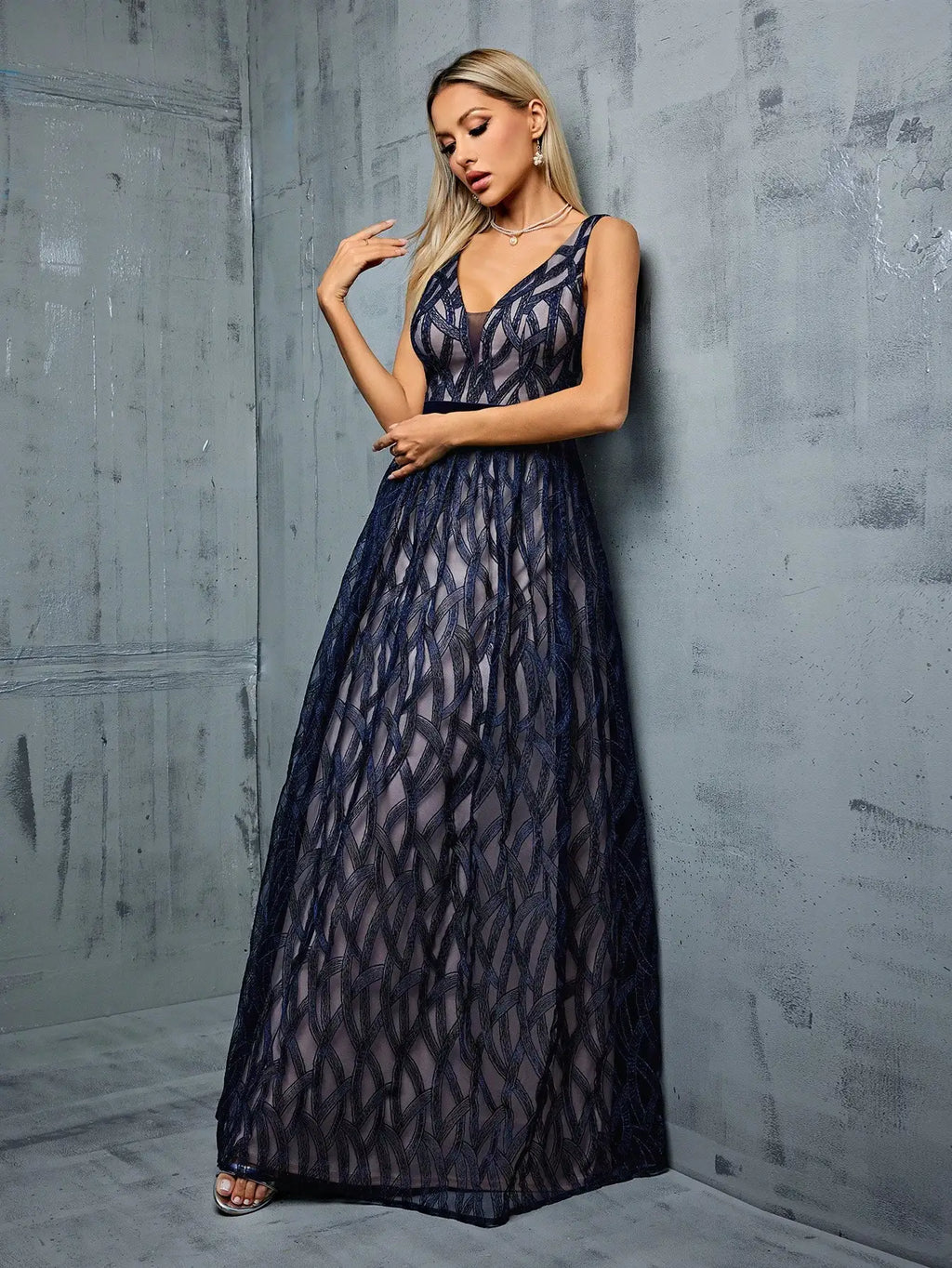 V Neck Embroidered Lace Ball Gown With Contrasting Skirt