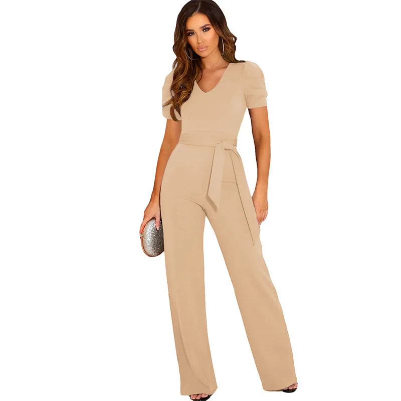 Strap Waist Wrapped Jumpsuit for Women V Neck Short Sleeve Wide Leg Long Pants Solid Color Summer Style