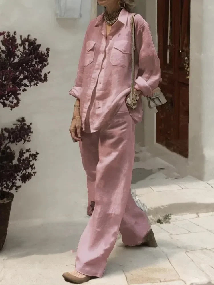 Summer Women's Two Piece Set Flip Collar Solid Color Pocket Shirt and Wide Leg Pants