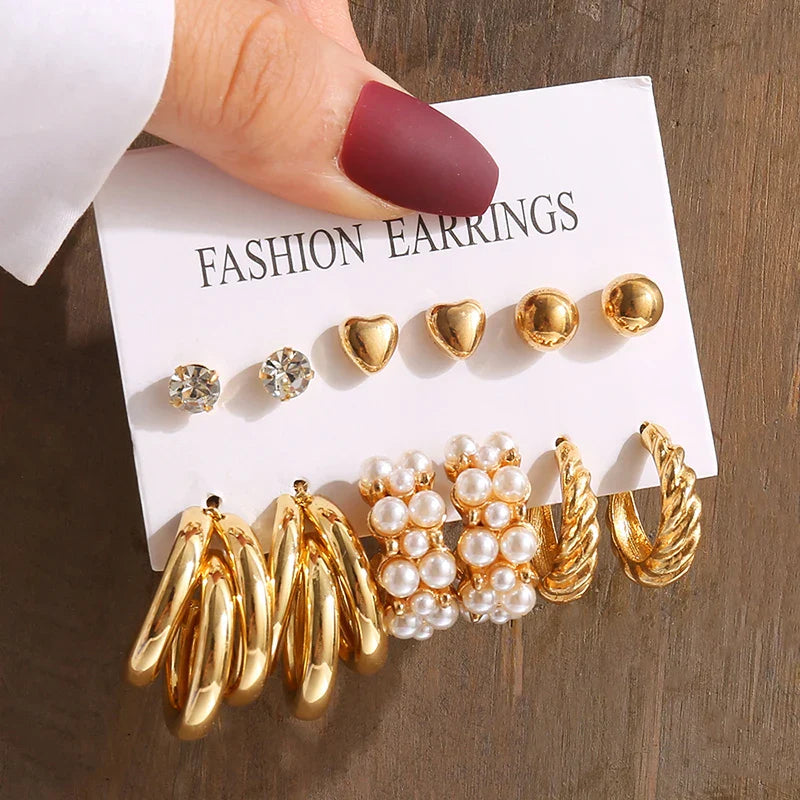Gold Vintage Pearl Geometry Earrings Set for Women - Simple Trendy Dangle Jewelry