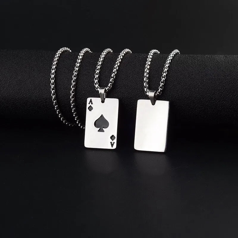 Hip Hop Stainless Steel Ace of Spades Pendant Necklace Set for Men and Women