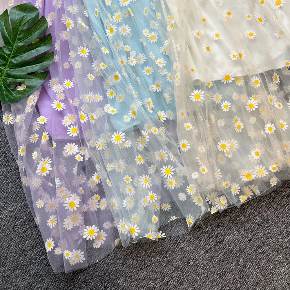 Floral Daisy Print Mesh Long Dress for Summer Vacation