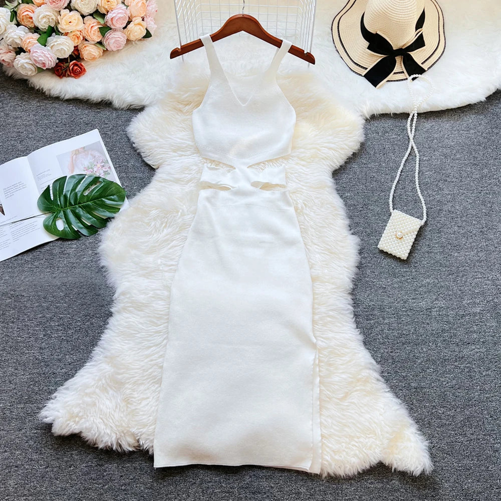 Sexy Hollow Out Waist Knitted Bodycon Summer Dress For Women