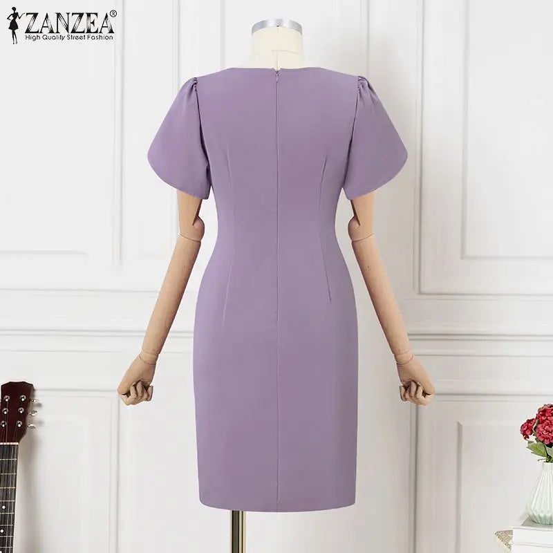 Solid Color Midi Dress With V Neck For Office Women