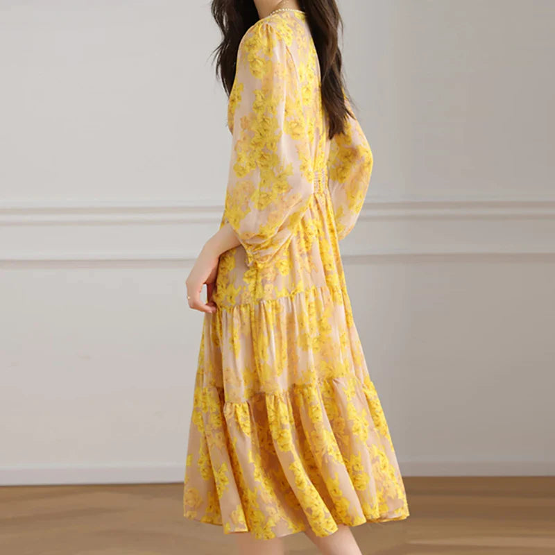 Floral Chiffon Dress For Women V Neck A Line Dress