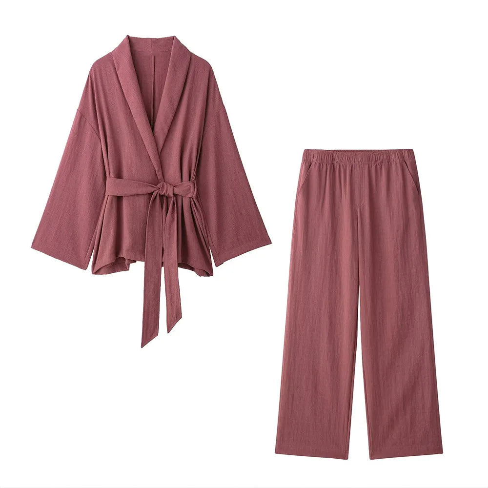 Women's V-Neck Long-Sleeve Side Tie Kimono Top and Elastic Waist Trousers Casual Chic Suit