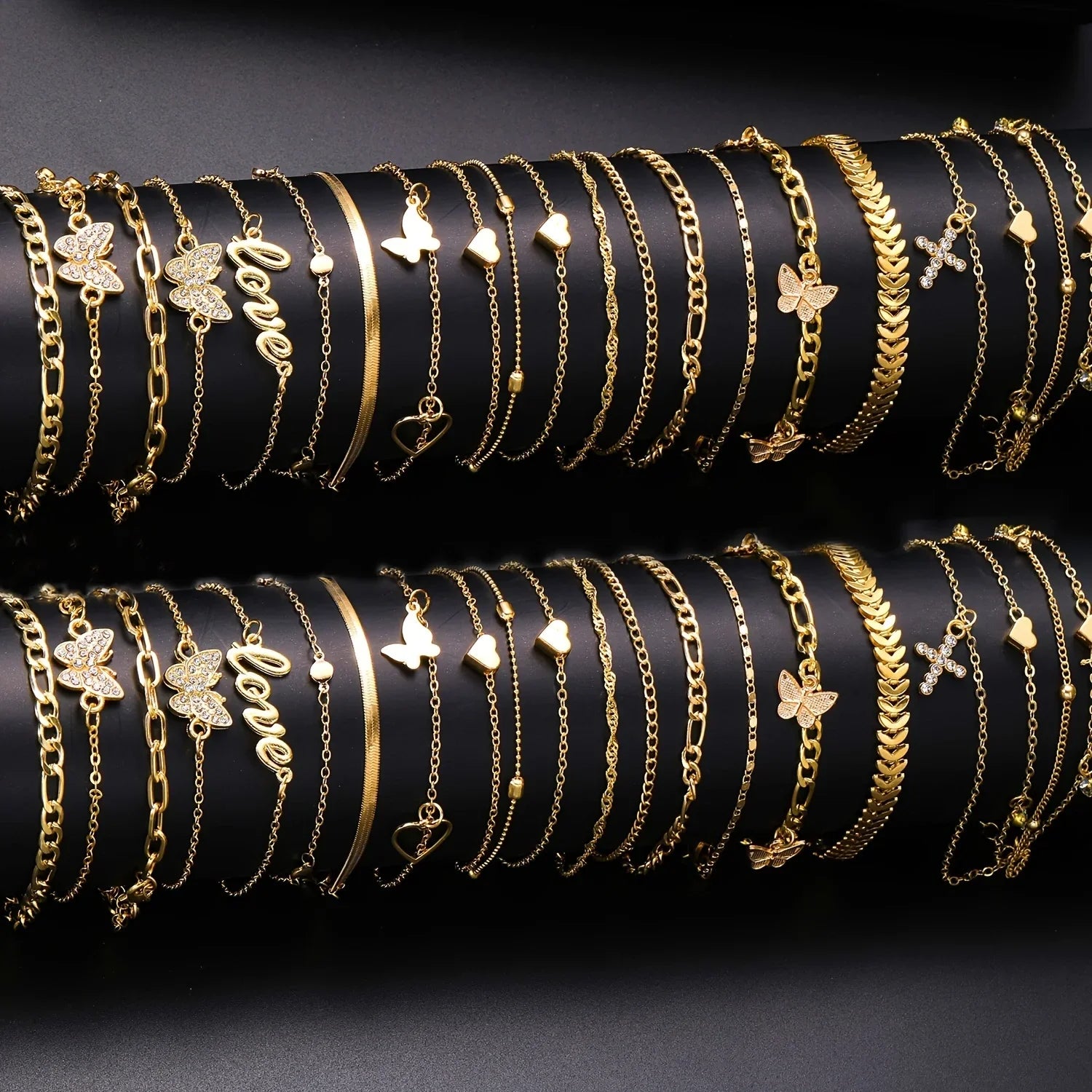 18Pcs Bohemian Summer Beach Anklet Set with Vintage Butterfly Heart Crystal Pendant Foot Bracelets for Women Fashion Jewelry Gift