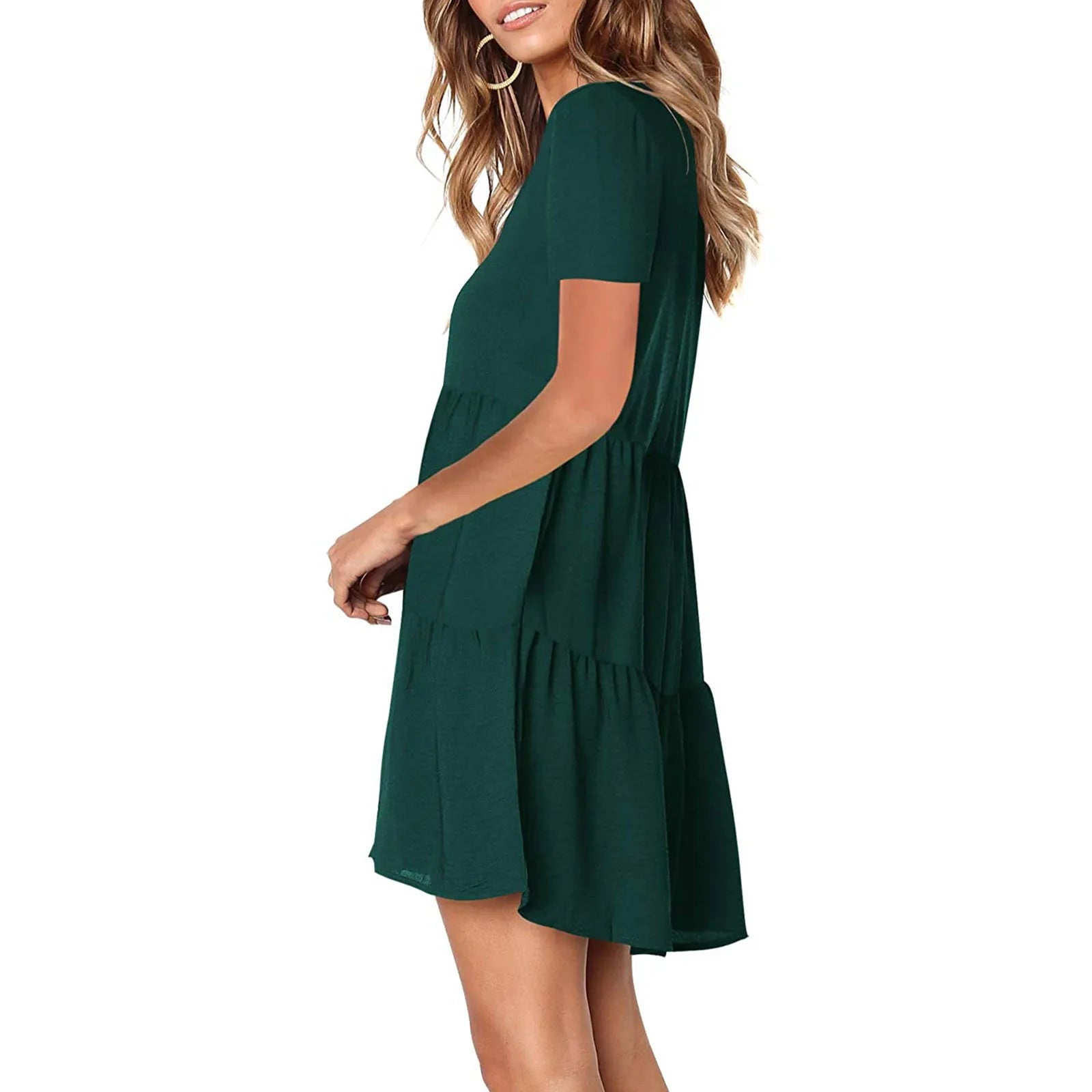 Womens V Neck Short Sleeve Loose Fit Dress Solid Color