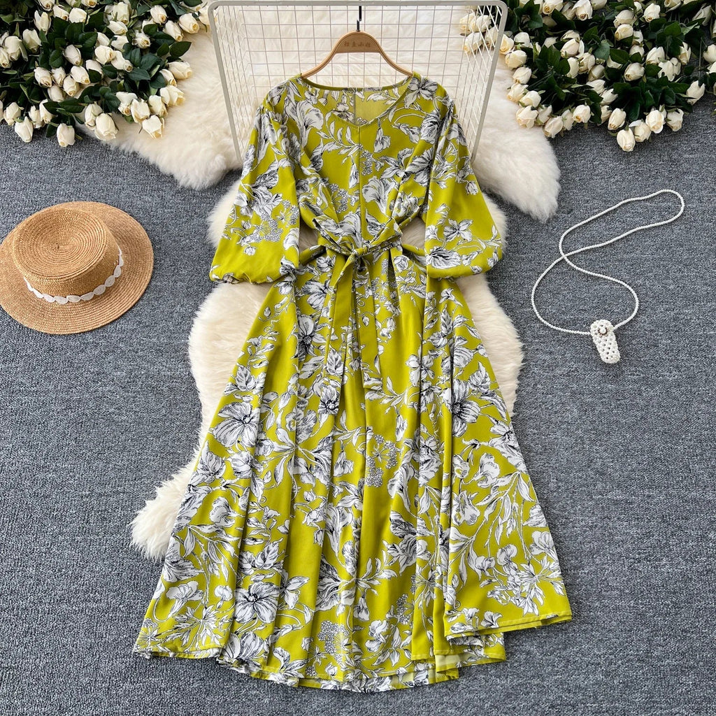 Boho Floral Print Pleated Maxi Dress With Puff Sleeves Belt