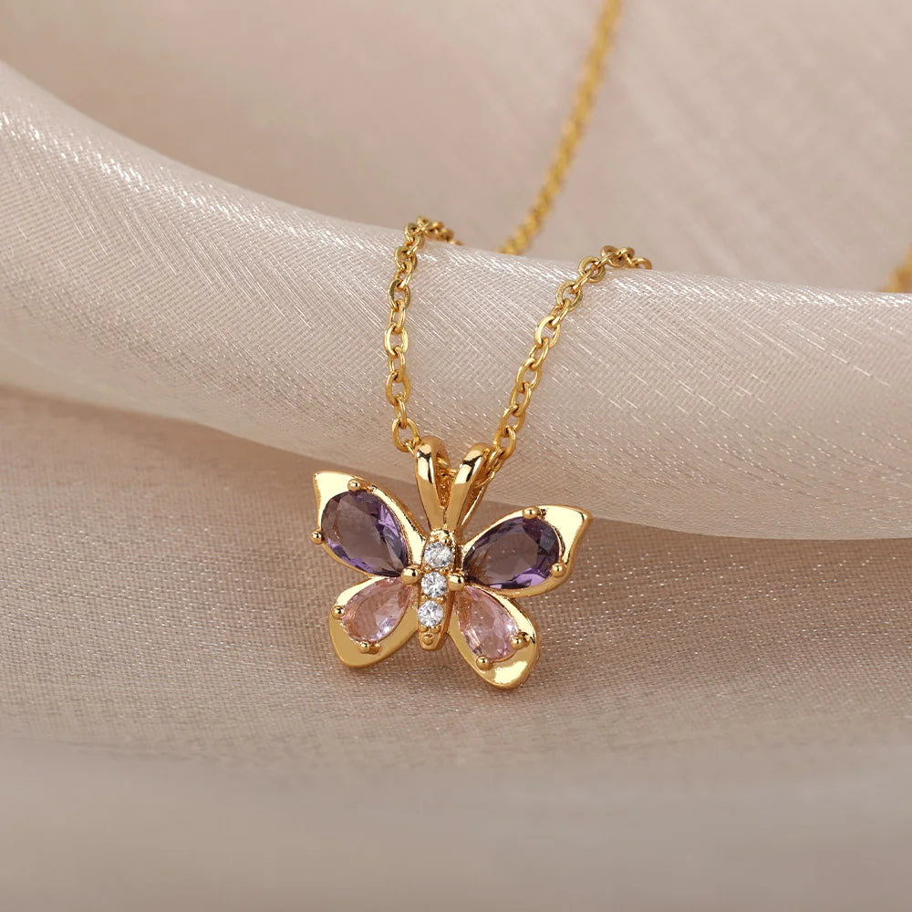 Cute Butterfly Necklace for Women with Purple Zircon Crystal Aesthetic Choker Jewelry