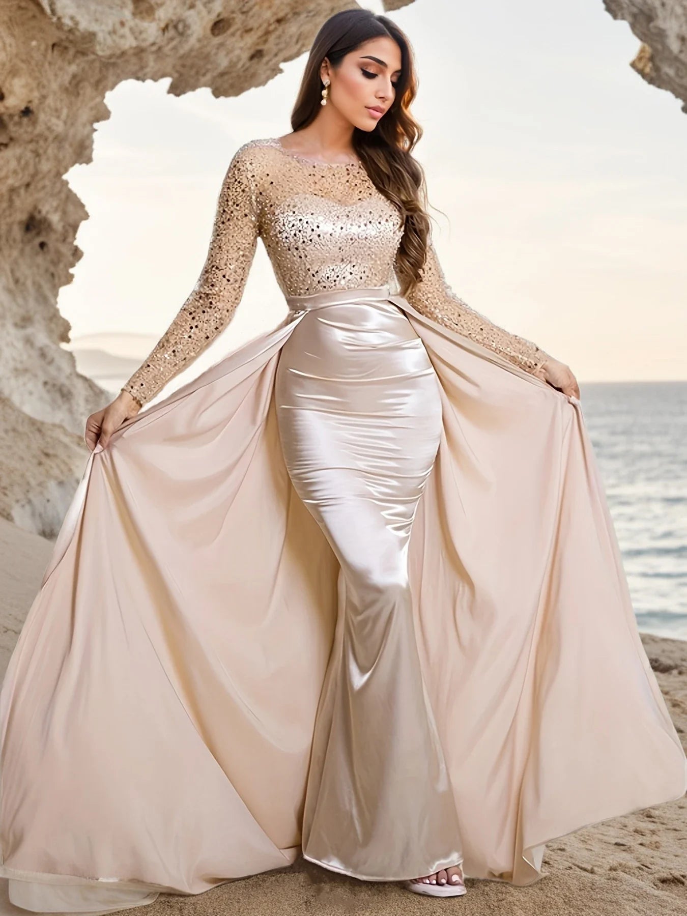 Green Sequin Mermaid Evening Gown With Detachable Train