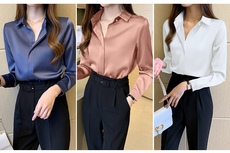 Elegant Satin Women Blouse Long Sleeve Shirt Autumn Fashion Tops for Ladies Office and Casual Wear