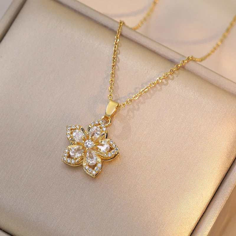 Gold Color Zircon Flower Pendant Necklace for Women Elegant Party Jewelry Gifts