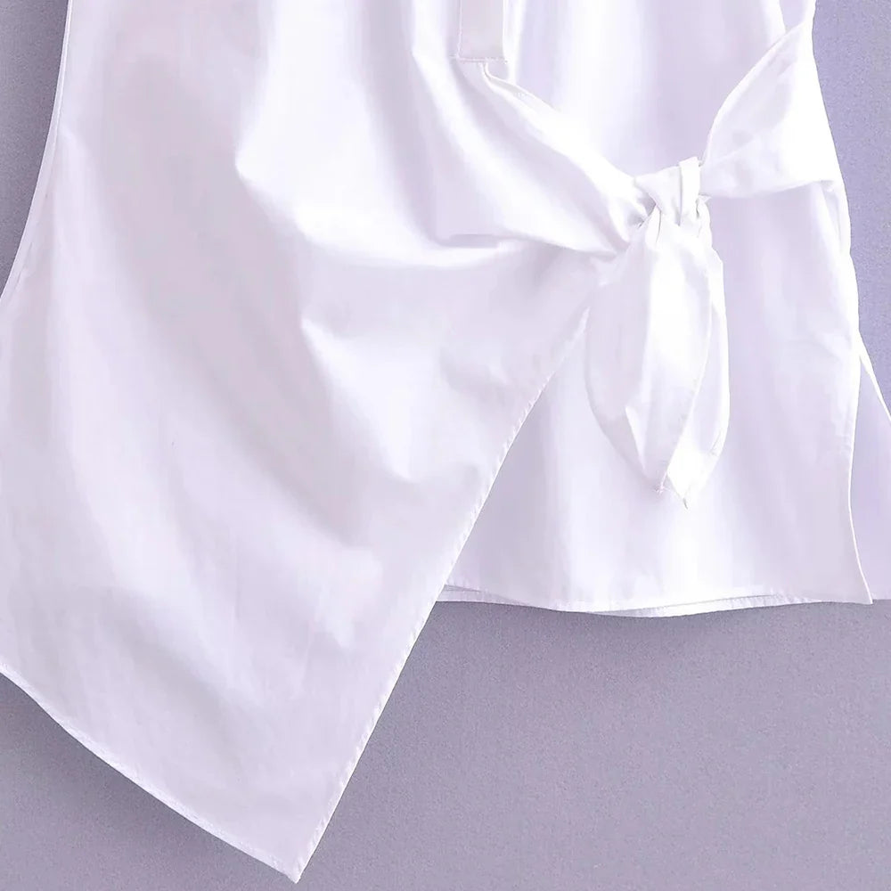 Asymmetric Poplin Shirt for Women with Front Knot Ties Short Sleeve Button-Up Chic Blouse Top