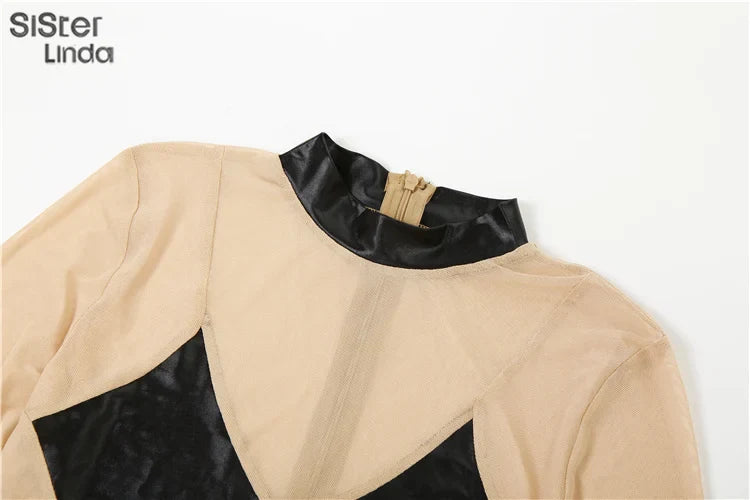 Sexy Mesh Patchwork Long Sleeve Skinny See-Through Zip One-Piece Jumpsuit for Women Party Clubwear