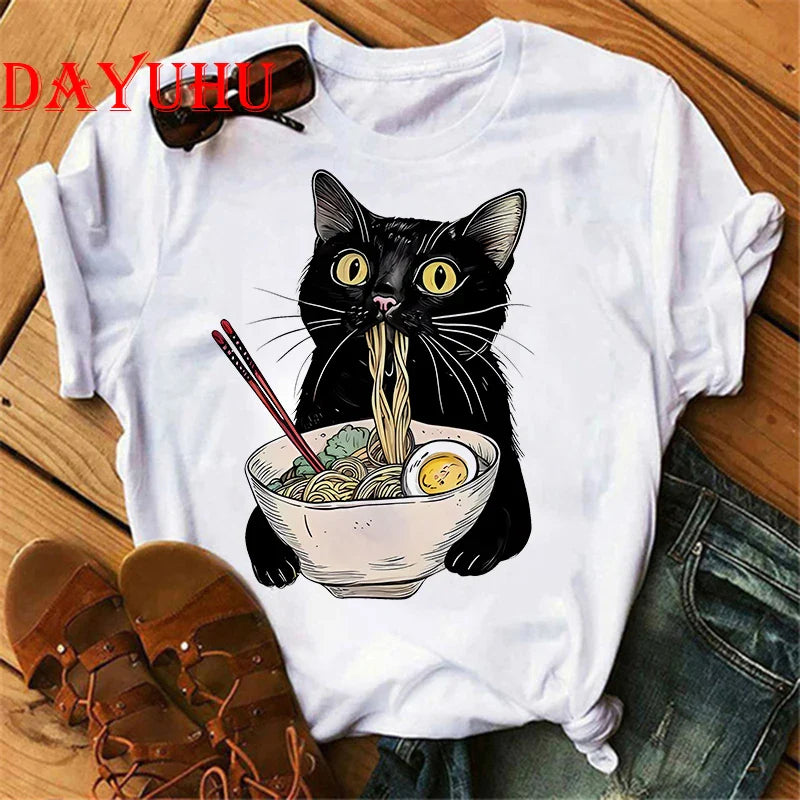 Women Cat Noodle Ramen T-Shirt for Foodie Lovers Casual Short Sleeve Tee