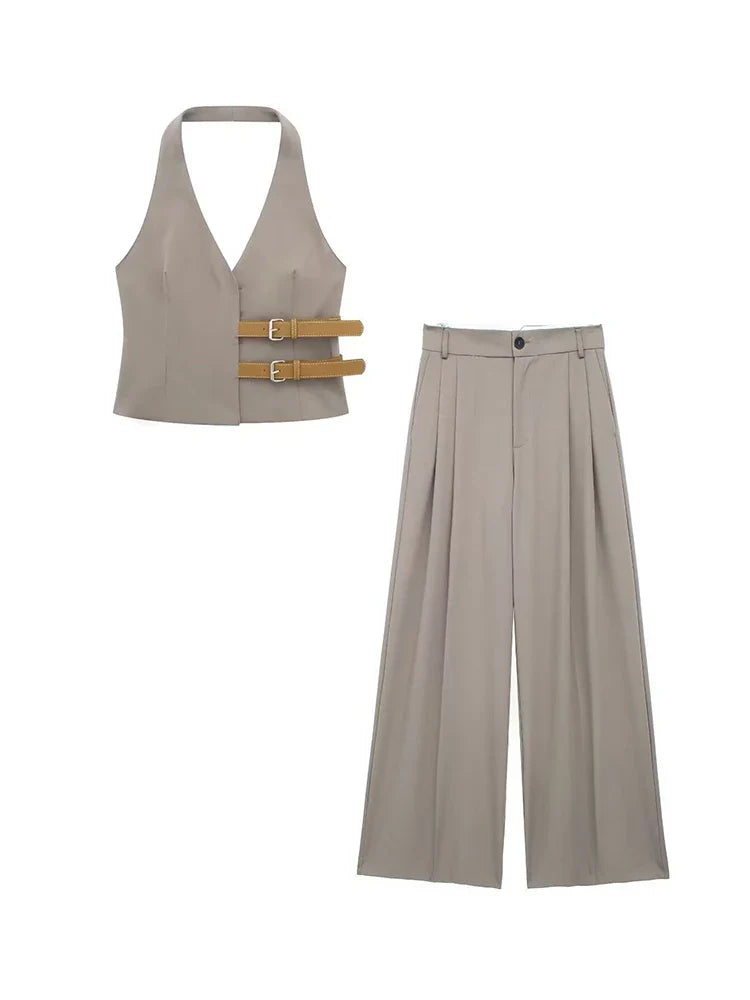 Women's Two-Piece Suit Set with Belt Halter V-Neck Top and High-Waisted Pleated Pants