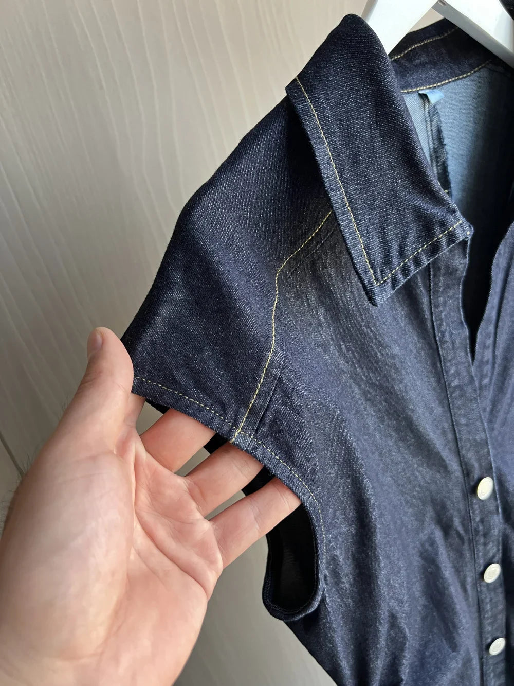 Fitted Denim Midi Shirt Dress With V Neck Long Sleeve