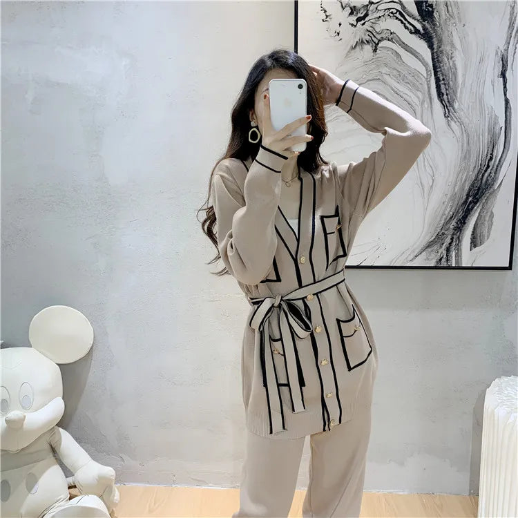 Autumn Elegant Two Piece Trouser Suit for Office Ladies with Long Sleeve Coat and Casual Wide Leg Trousers Set