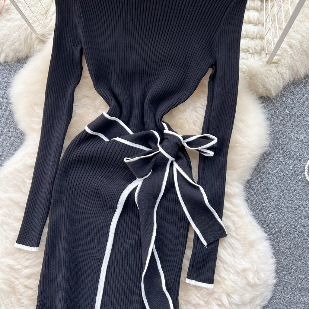 Black Knitted Sweater Dress With Lace Up Long Sleeve