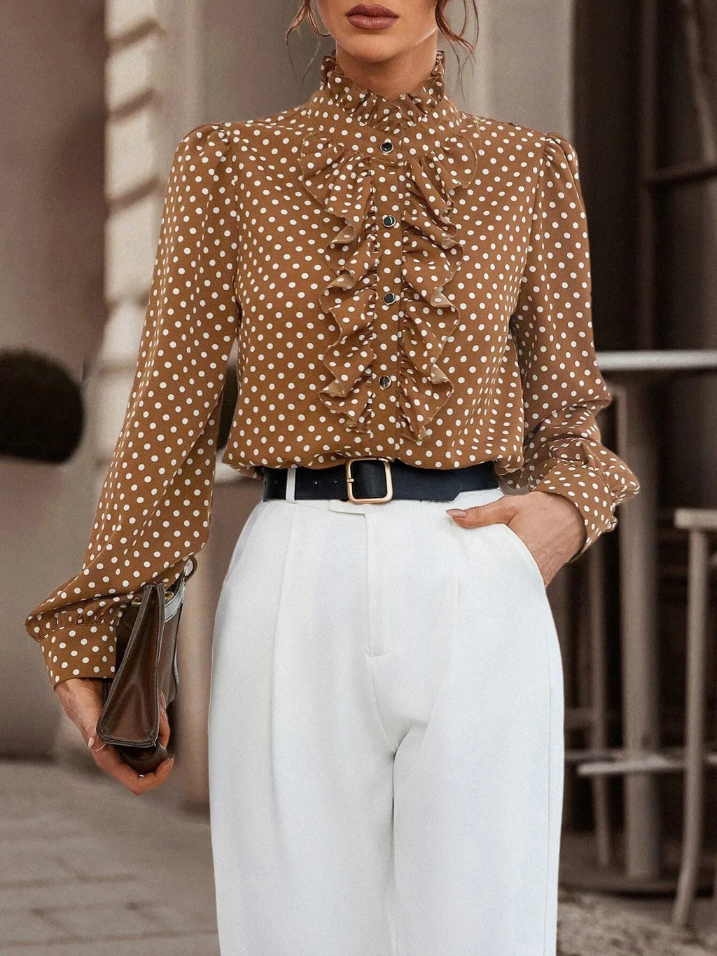 Long Sleeve Polka Dot Button Shirt for Women with Ruffle Detail Elegant Office Blouse Casual Fashion Top