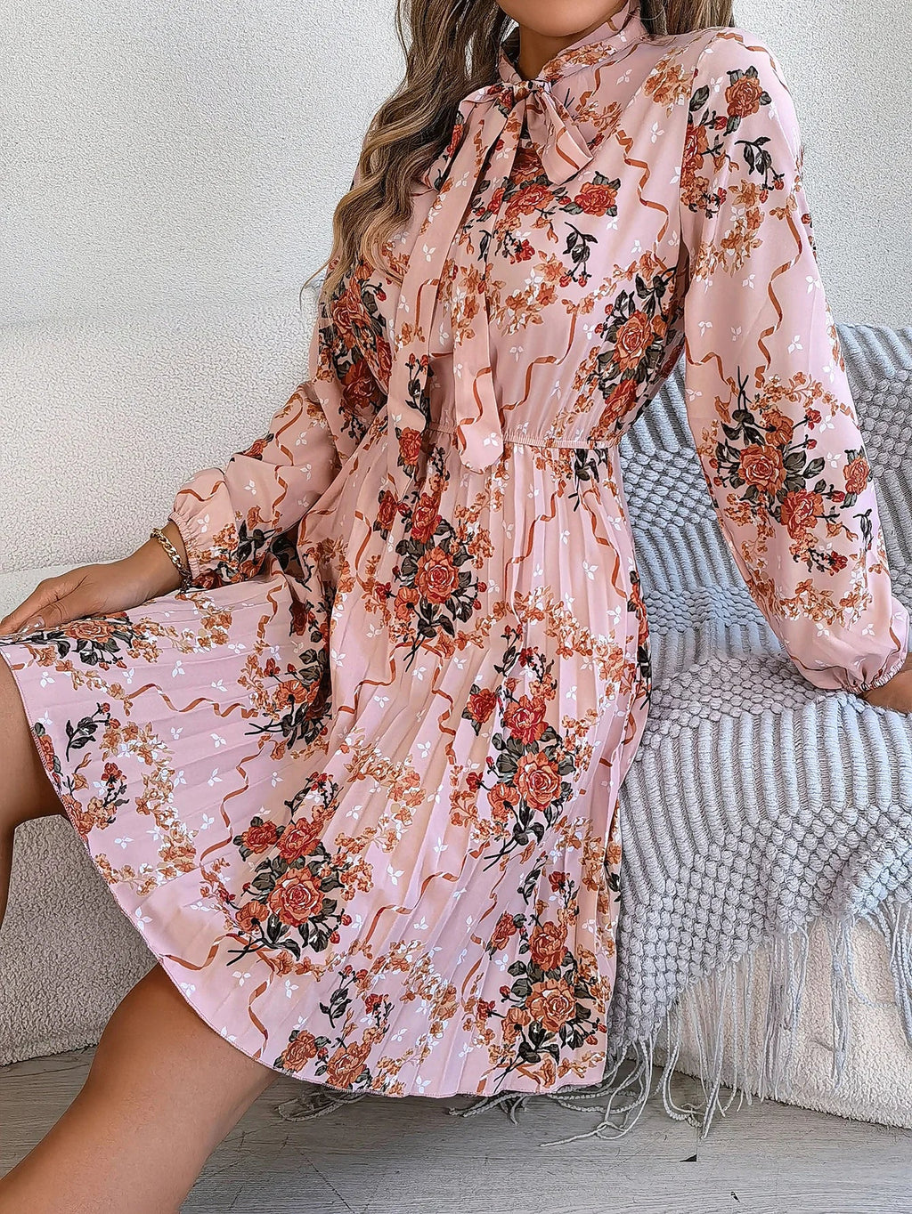 Floral Print Lace Up Long Sleeve Pleated Dress With Bow