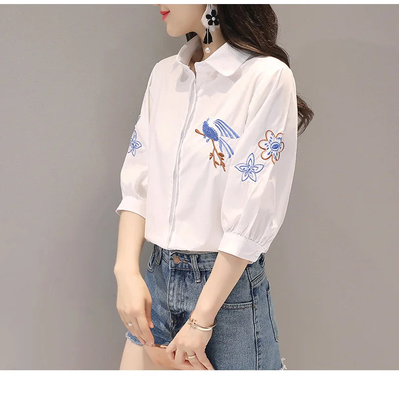 Embroidered Five-Point Sleeve Summer Shirt for Women Lightweight Lapel Casual Top with Elegant Literary Style and Versatile Temperament